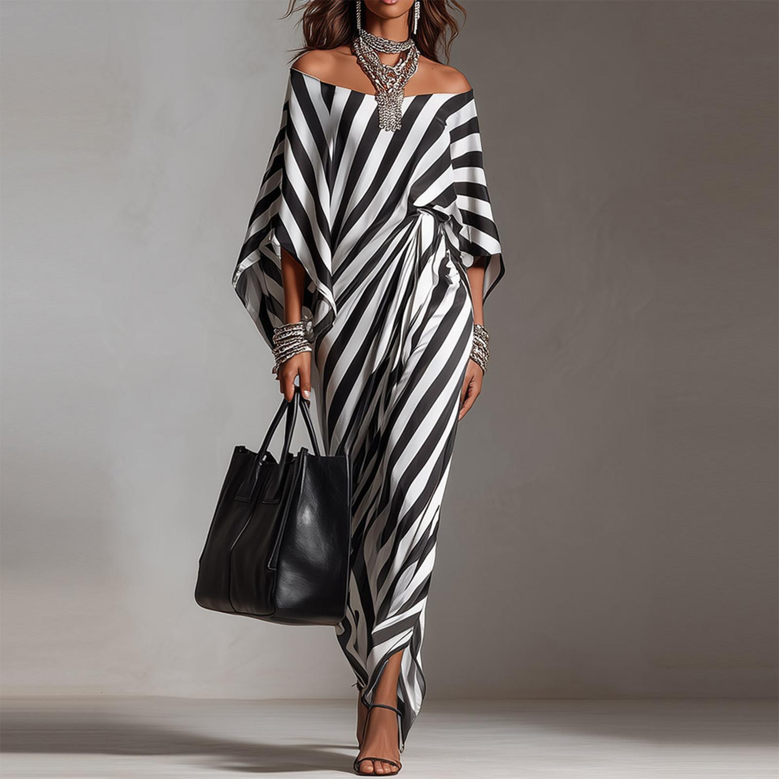 Women Off Shoulder Loose Fit Striped Dress Casual Sleeve Long Maxi Dress Comfortable Pullover Design for Daily Wear L