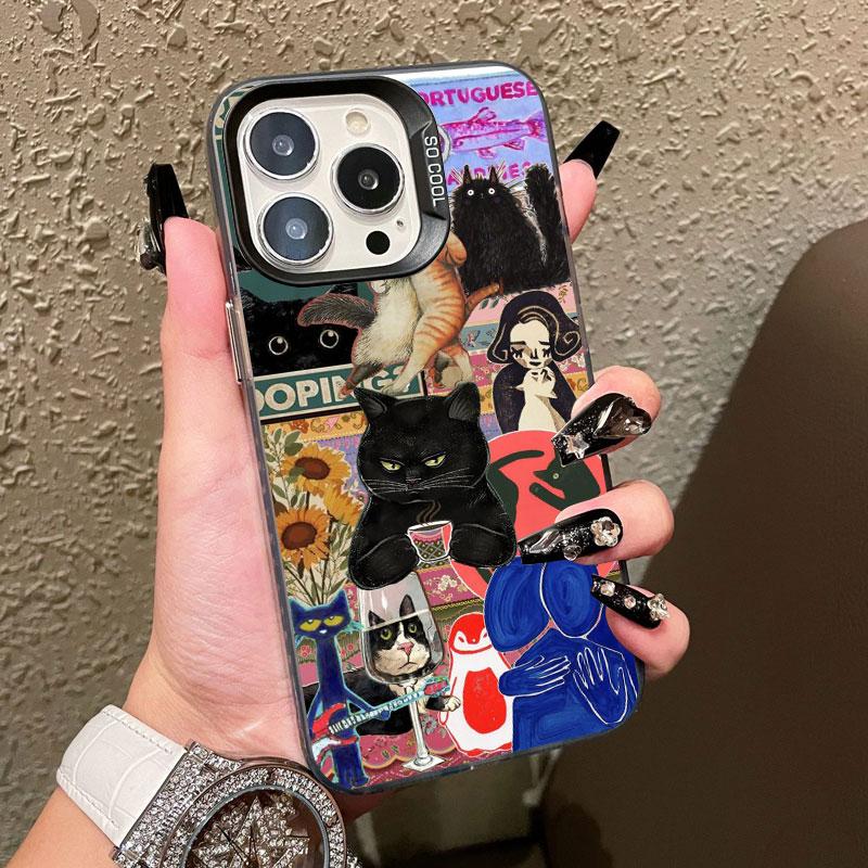 New Cute Black Cat Graphic Montage Laser Phone Case For iPhone 17 15 16 Pro Max Plus 14 13 12 Mini 11 Pro Max Shockproof Cover