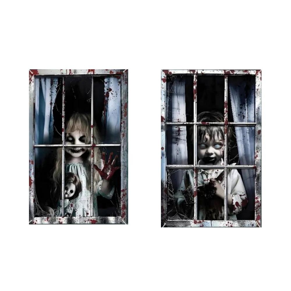2PCS 2D Flat Scary Halloween Window Cover Super Terrifying Blood-Themed Scary Halloween Backdrops Polyester Fiber