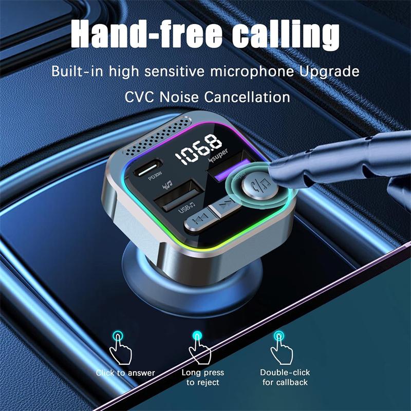 Car Bluetooth 5.3 Fm Transmitter Adapter For Car 60W Pd+Qc3.0 Quick Charging Rgb Light Wireless Music Radio Modulator Player