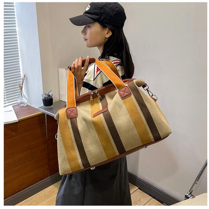 Striped Canvas Women's Travel Bag - Japanese Style, Large Capacity, Handheld, Single Shoulder, Crossbody Bag