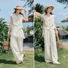 Women's V-Neck Lace Vest and Linen Blend Pants Set