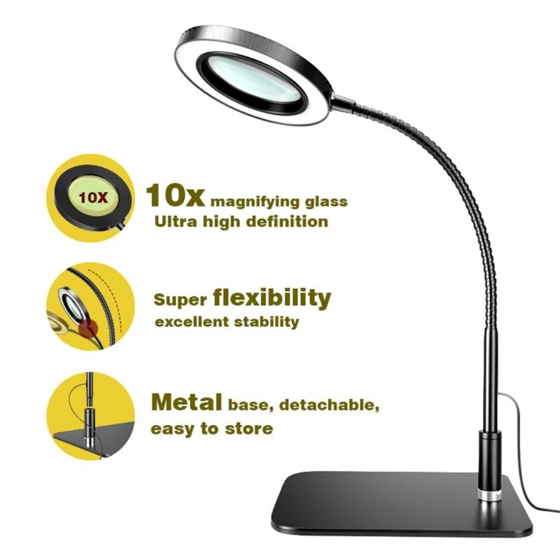LED Desk Magnifying Device With Flexible Neck And Adjustable Lighting For Crafts Reading Repair Tasks