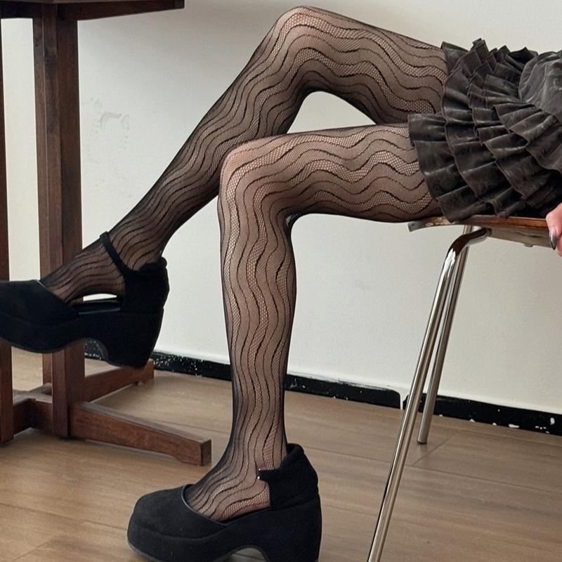 Women's Tights Elegant Sexy Wave Bottoming Stockings Ladies Hollow Out Lace Pantyhose Breathable Sheer Female Long Stockings