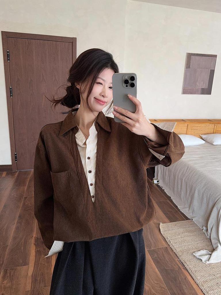 Korean Retro Coffee-Toned Two-Piece Effect Patchwork Shirt - Women's Spring 2026 Long Sleeve Top