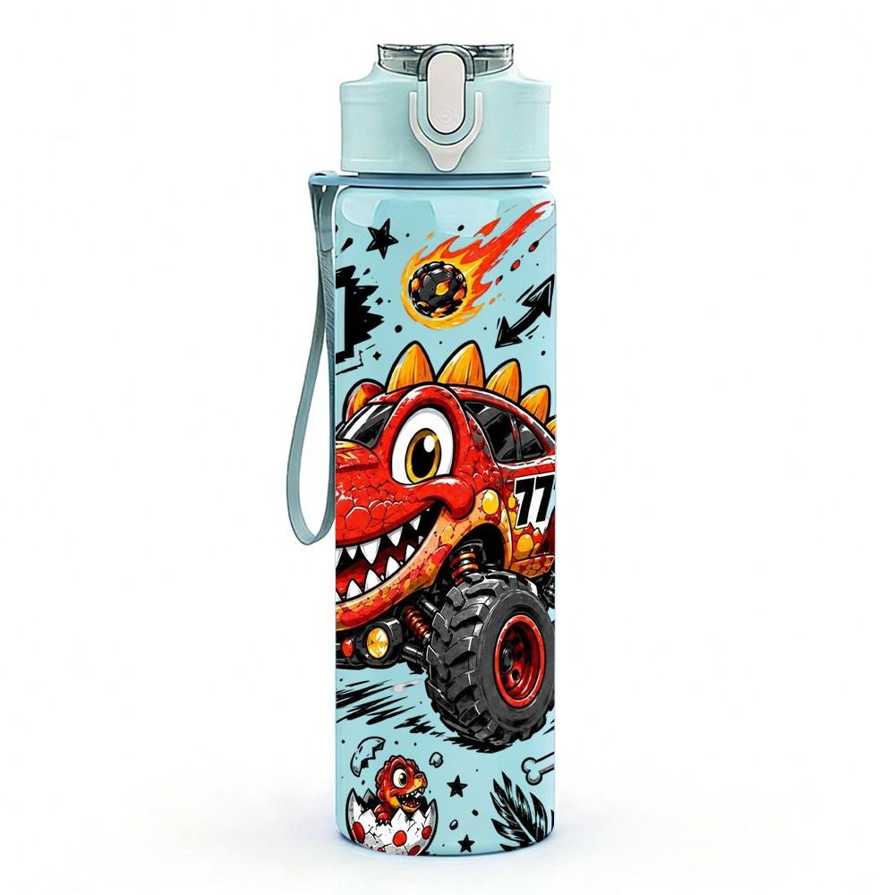 1PC Monster Truck Fire Burst Art 750ml Color Plastic Sports Water Bottle Leakproof Flip Straw Lid Suitable for Sports Office Home Use