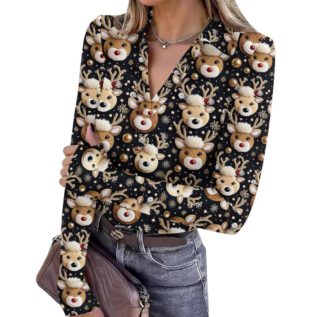 Damenmode Lässig Weihnachts-Print V-Ausschnitt Langarm Knopfleiste Oberteil