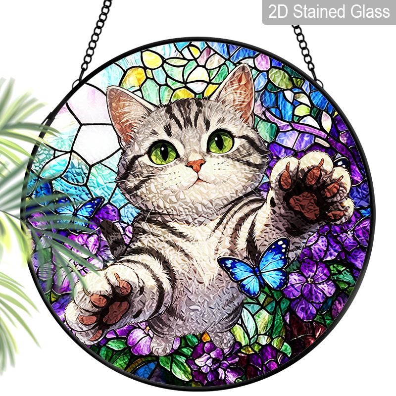 

2D Flat Stained Glass Cat Window Decoration, 7.87inches Cat Butterfly Flowers Design Colored Glass Plate with Chain, Charming Spring Summer Sun 7.87inch