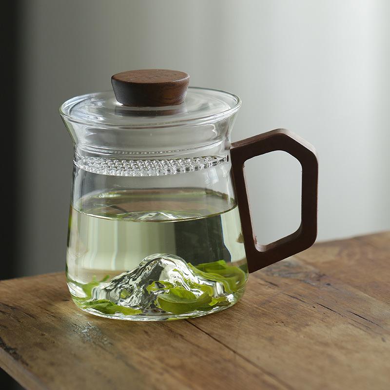 Walnut Handle Mountain View Heat-Resistant Glass Tea Infuser Cup with Crescent Filter
