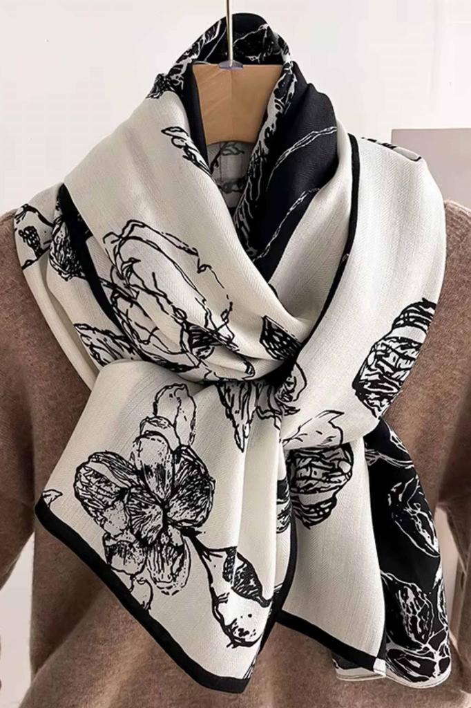 Black and Ecru Scarf with Floral Pattern - 100% Viscose, 178X66