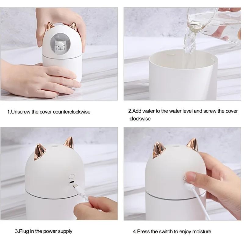 2026New Portable 300ML Cat Shaped Humidifier USB Aroma Diffuser Ultra Silent Household Bedroom Office Car with LED Mist Spray