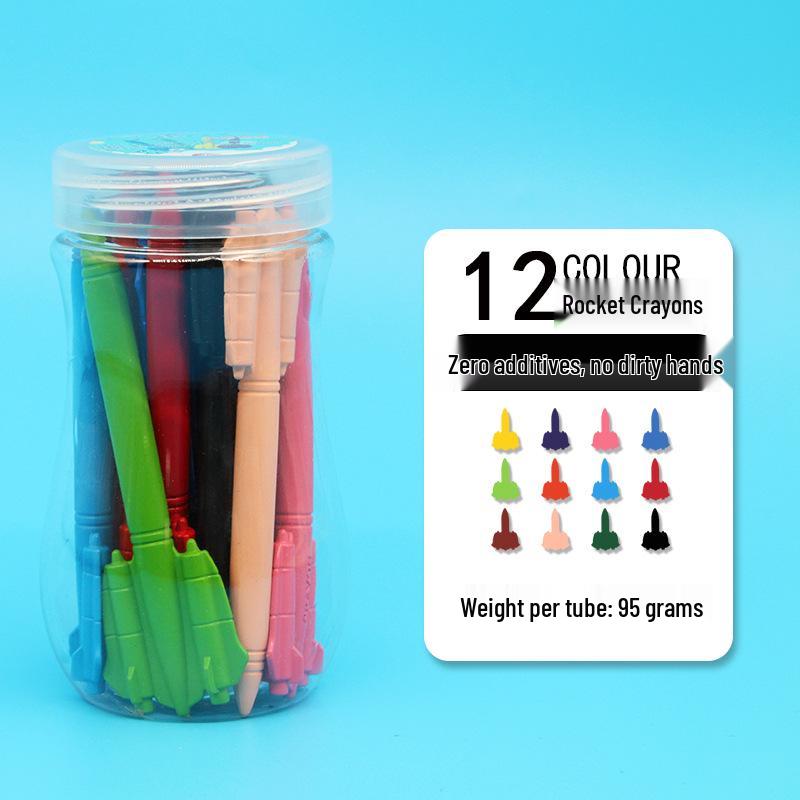 3D Rocket Crayons for Kids: 24 Colors, Water Washable, Non-Staining, Erasable Plastic for Kindergarten Painting.