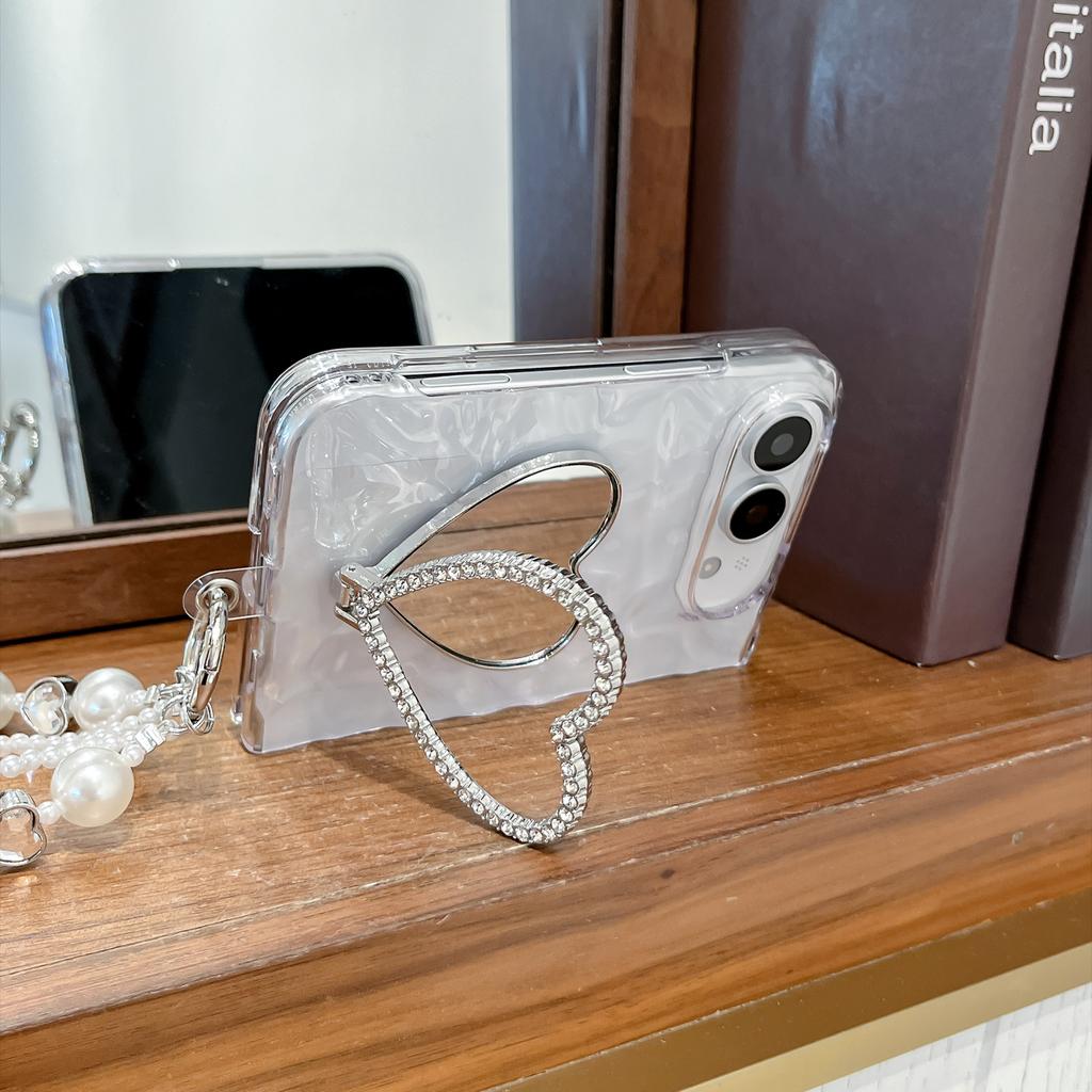 Transparent Pleated Love Mirror Stand Pearl Bracelet Phone Case for iPhone Ultra 18 Fold Wide Shockproof Skin Feel Slim Cover