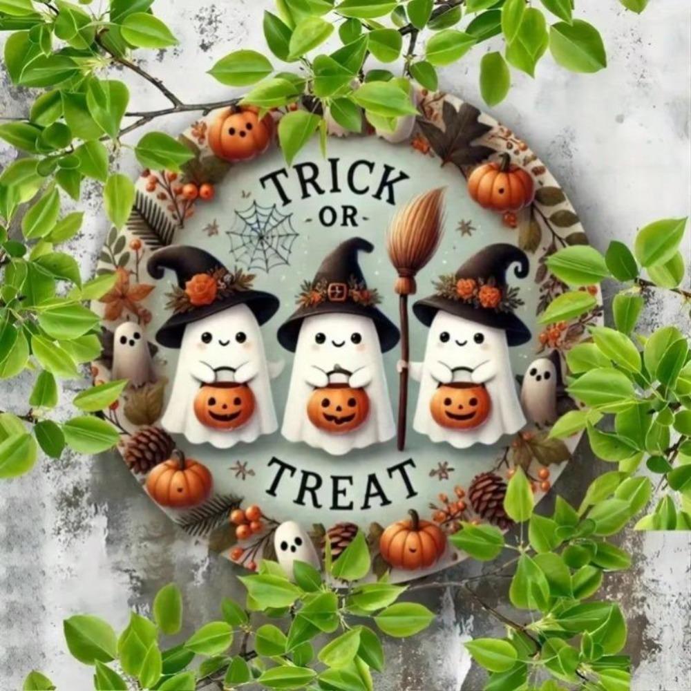 Halloween Metal Wall Art Wreath Trick or Treat Ghost Pumpkin Home Decor