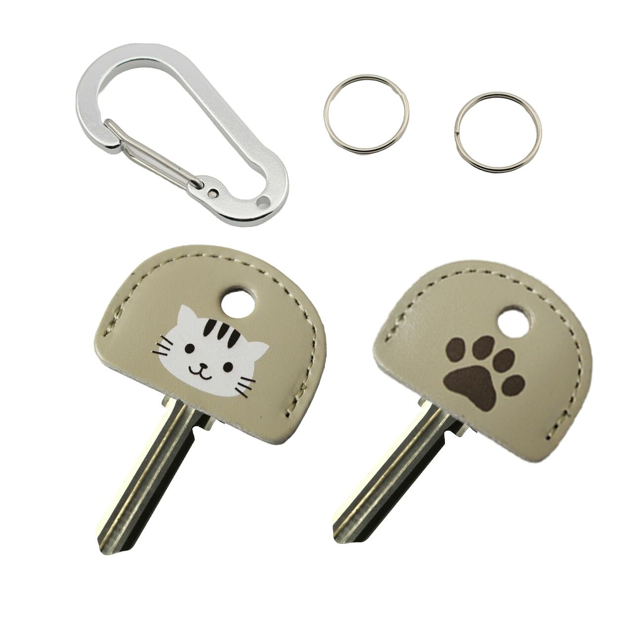 

HERBE Leather Key Cover, Round, Set of Cowhide Leather Caps, Key Identification, Key Number Concealment, Anti-Theft, Cat Paw Print Design, Beige