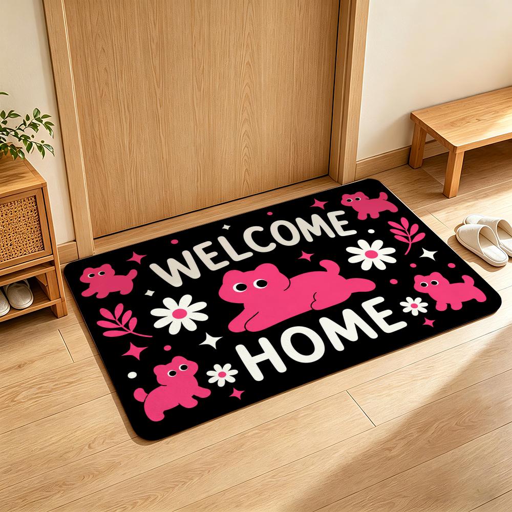 Pink Cute Dogs Paws Welcome Home Pet Doodle Theme Floor Mat Soft Flannel Non Slip Absorbent Entryway Bathroom Bedroom Garage