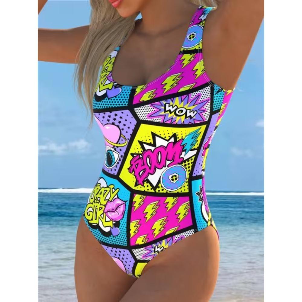 Traje de baño de una pieza con estampado geométrico sexy de verano, corte ajustado y adelgazante, diseño de espalda baja en U profunda, traje de baño de moda llamativo para playa, piscina y vacaciones