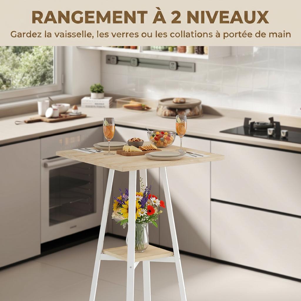 Bar Table for 2 People, High Standing Table with Shelf, 55 x 55 x 95 cm, Natural and White