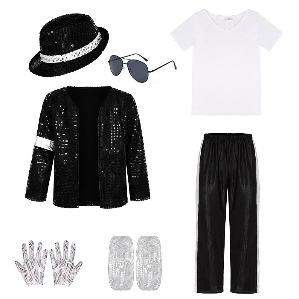 Michael Jackson Cosplay Herren 80er Retro Pailletten Tanz MJ Kostüme Performance Outfit Mit Hut Sonnenbrille Und Handschuhen Für Halloween