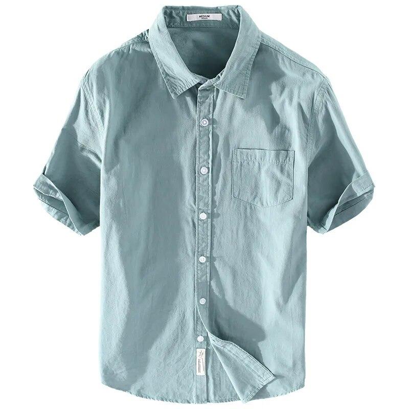 Summer Short Sleeve Shirt Men Daily Casual Tops Square Collar Soft and Comfortable Green Pure Cotton Shirt Korean Simple Style Men Clothing