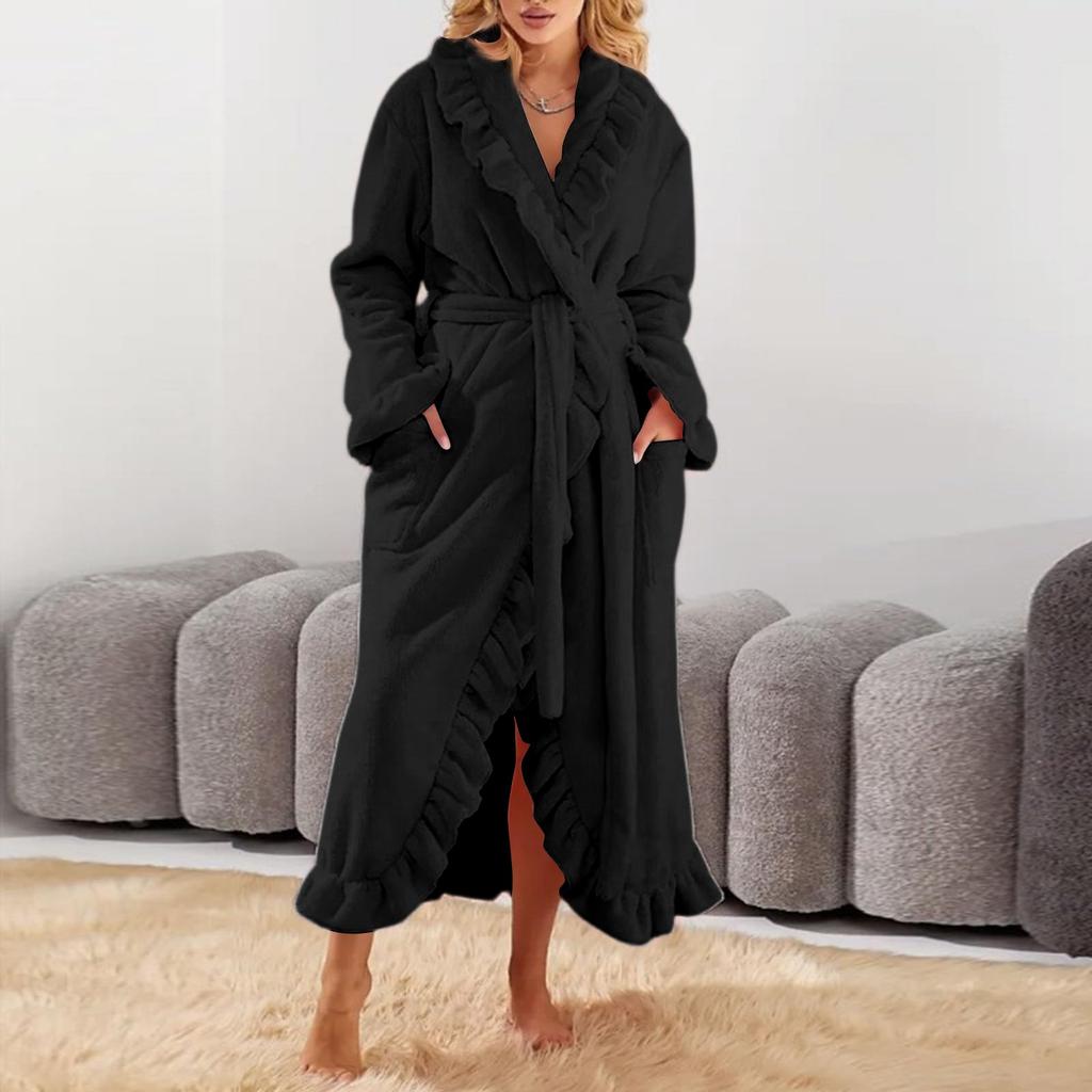 Women's Long Warm Nightgown Home Wear Solid Color Thick Bathrobe Close Fitting Pajamas
