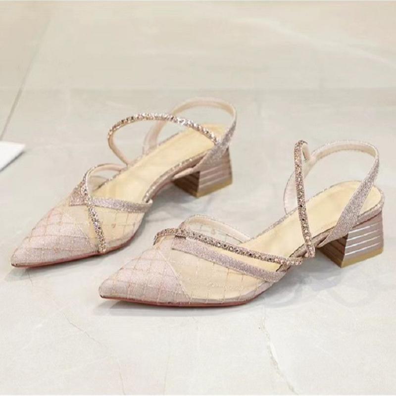 Dámské letní síťované boty s kamínky, francouzskou špičkou, silnými podpatky a sandály s jedním páskem