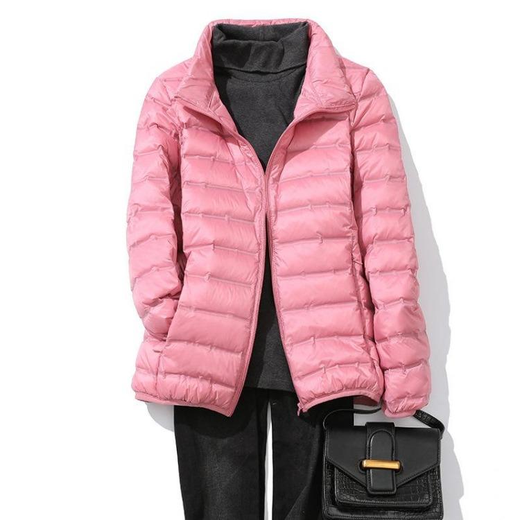 

2025 Новая бесшовная интегрированная пуховая куртка женская стойка воротник короткая уличная тонкая большого размера зимняя куртка одежда 3XL розовый