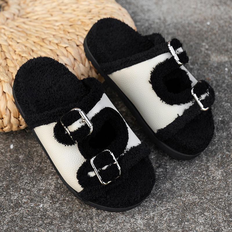 Thick-soled Fluffy Slippers for Women Outside, Autumn New One-word with Velvet Cotton Slippers, Home Wear Cotton Shoes for Women Outside