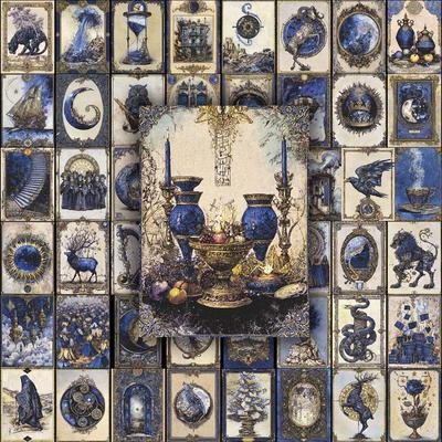 Pegatinas de Tarjetas de Tarot Retro Europeas Azul Dorado - 50 Hojas para Decoración de Diario y Funda de Teléfono