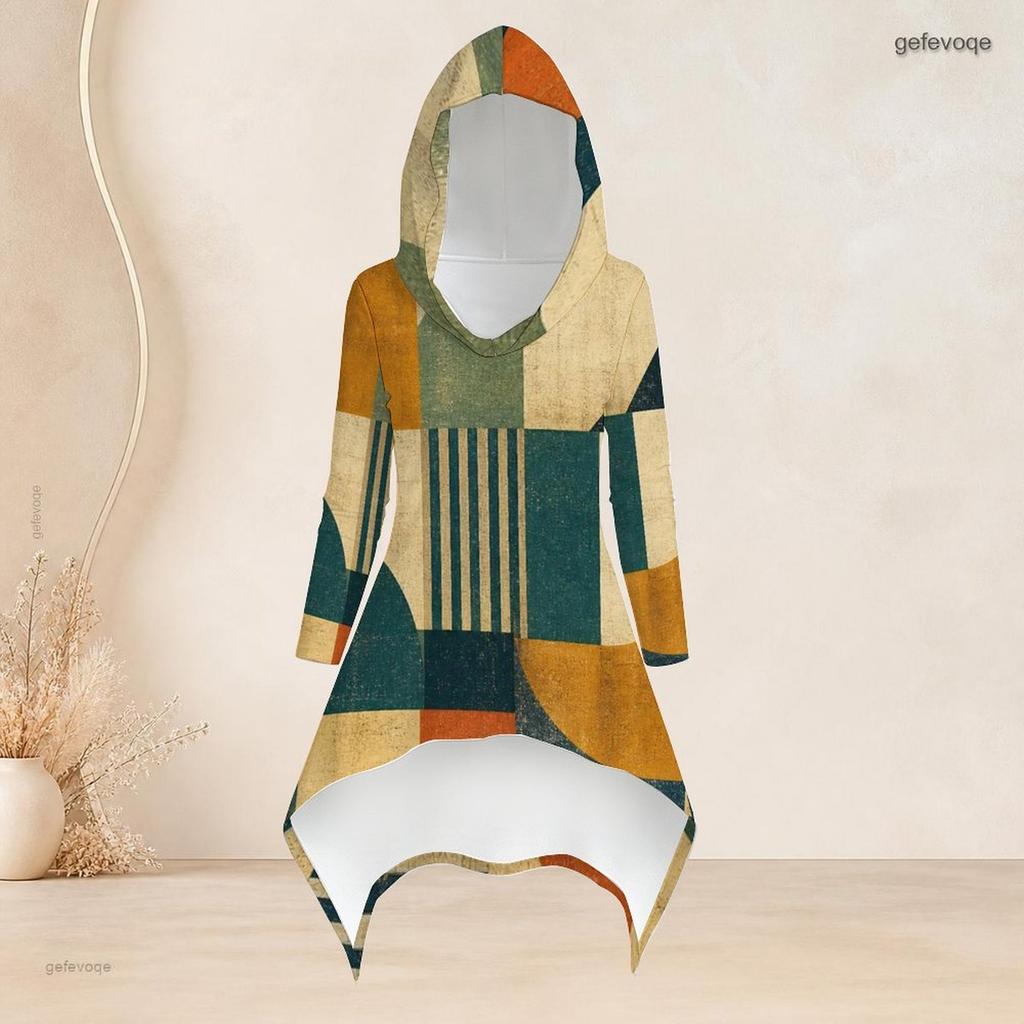 Women Plus Size Two Piece Set Hooded Long Sleeve Geometric Printed High Low Top Fitted Pants