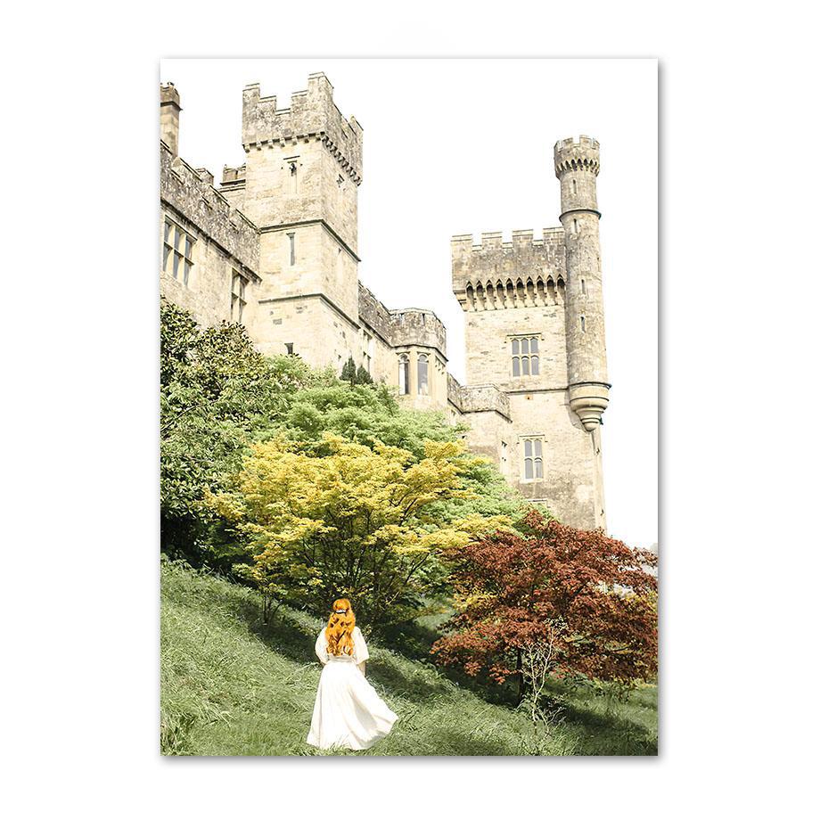 Cuadro sobre lienzo para pared carteles nórdicos e impresiones cuadros de pared para decoración para sala de estar, castillo de montaña, flores silvestres, hojas verdes