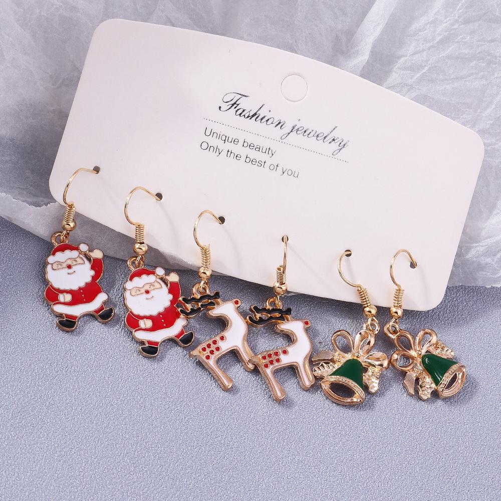 3 pairs/Set Christmas Santa Claus Earrings Bells Elk Dangle Earrings for Women Girls X mas New Year Jewelry Gifts