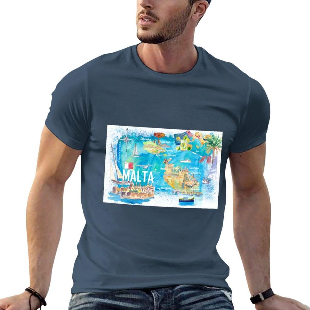 Malta Illustrated Island Travel Map with Roads and Highlights TShirt Casual Street Style Short Sleeve Tee