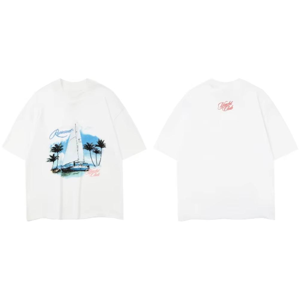 Summer Pure Cotton Canvas Boat Landscape Print Round Neck Short Sleeved Loose High Street T-shirt for Both Men and Women