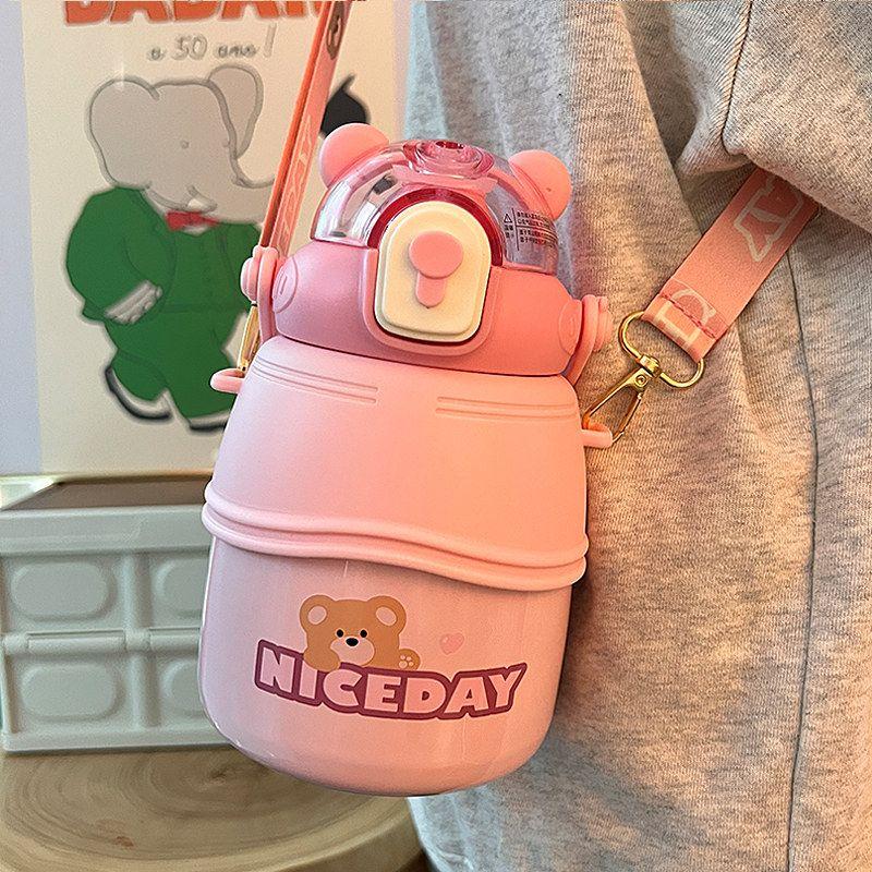 

Uk Dhwa Cute Bear Large Capacity Insulated Cup High-Value Portable Water Bottle High-Temperature Resistant Children s Straw Cup Big Belly Cup Pink 1000ml Comes with Cup Brush + Sticker