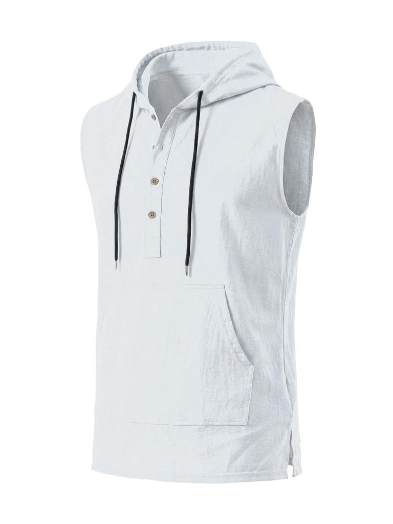 Mens Casual Linen Hooded Sleeveless Vest And Shorts Two Piece Set