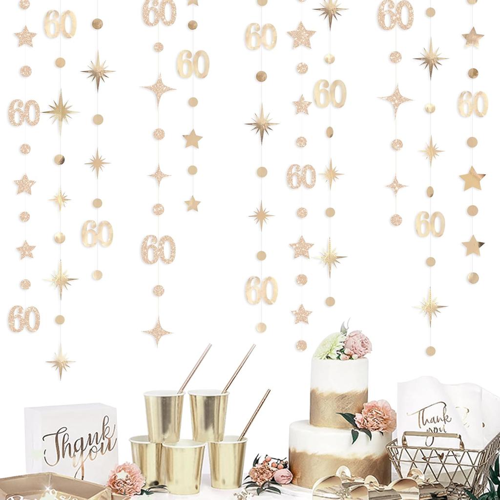 Champagne Gold 60th Birthday Decorations Number 60 Circle Dot Star Garland Metallic Streamer Banner for Women Mens Cheers to 60 Years Old Birthday