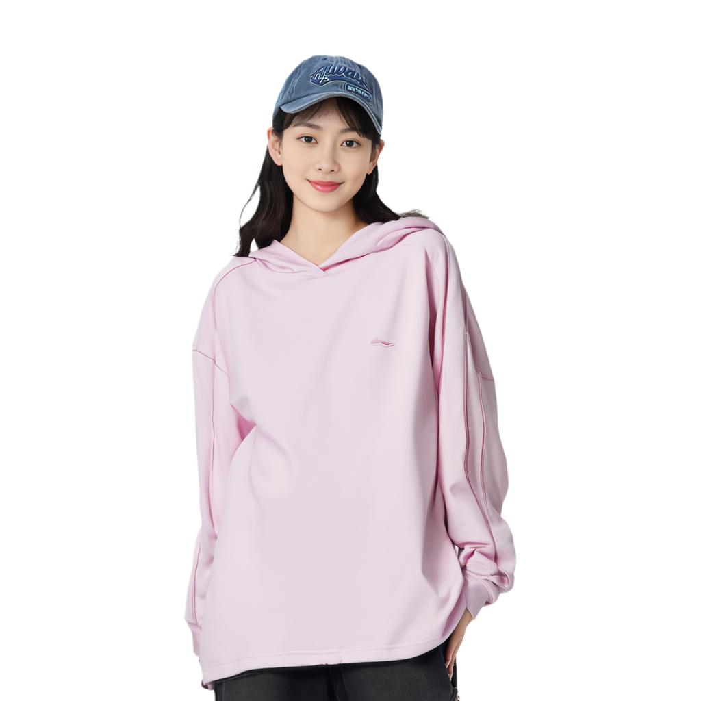 Li Ning Fitness Series Solid Color Loose Hooded Sweatshirt Women Sweatshirt Cherry-Blossom-Pink AWDR360-6