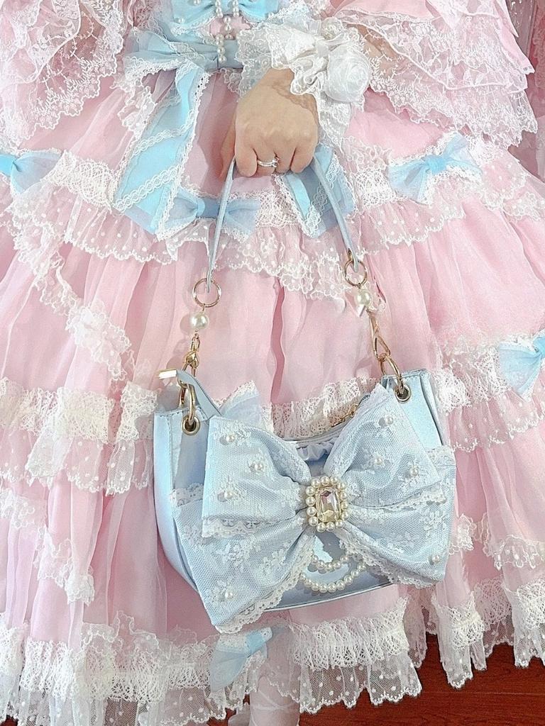 Women Pearl Chain Princess Underarm Bag With Bow And Rhinestone Lolita Shoulder Crossbody Sweet Fashion Daily Handbag