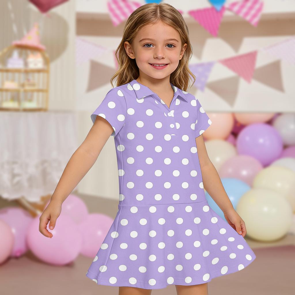 Girls Short Sleeve Polo Dress with Polka Dot Print and Pockets Casual Lightweight Summer Dress for Kids