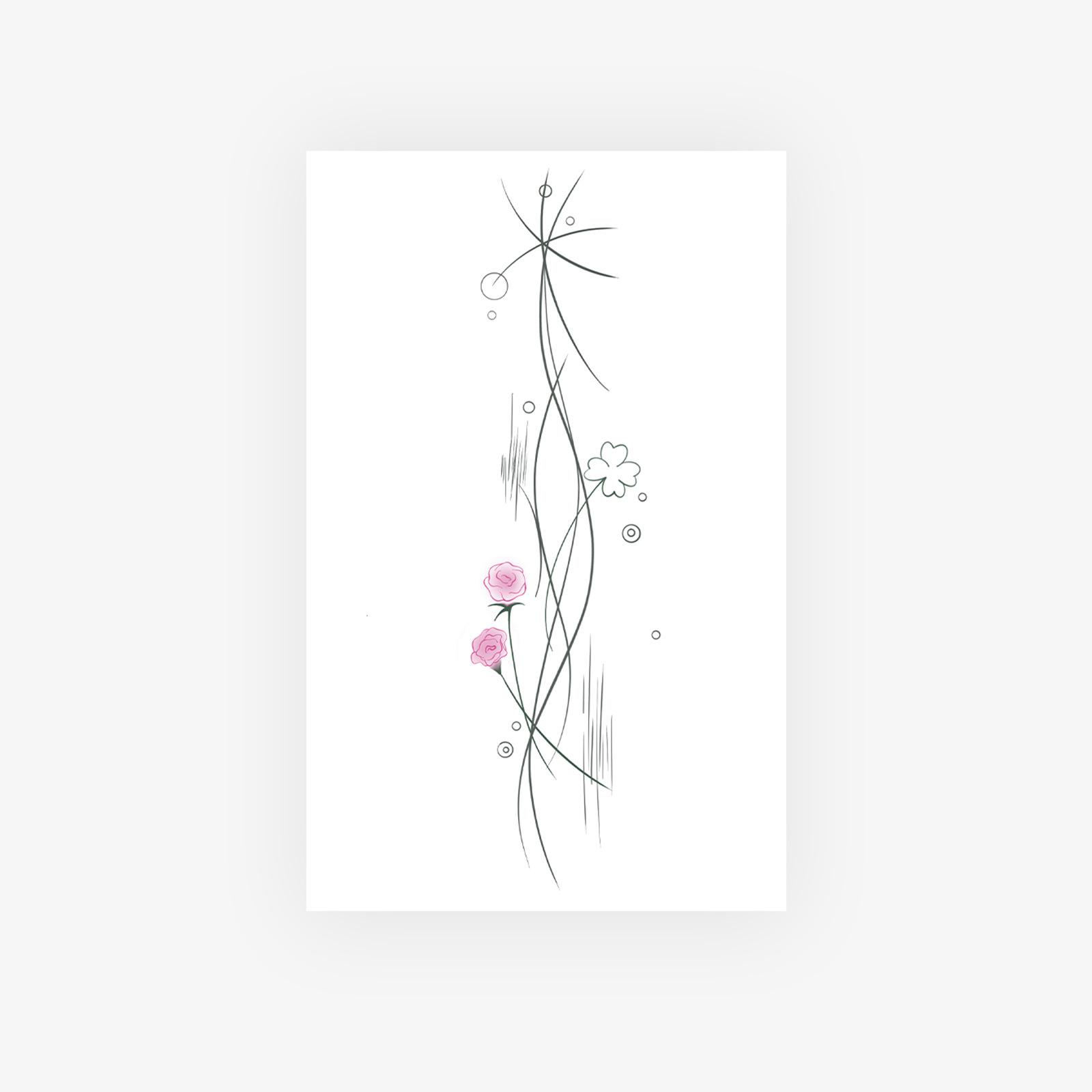 Small Fresh And Beautiful Small Flower Rose Green Four-Leaf Clover Line Tattoo Sticker 12*19CM