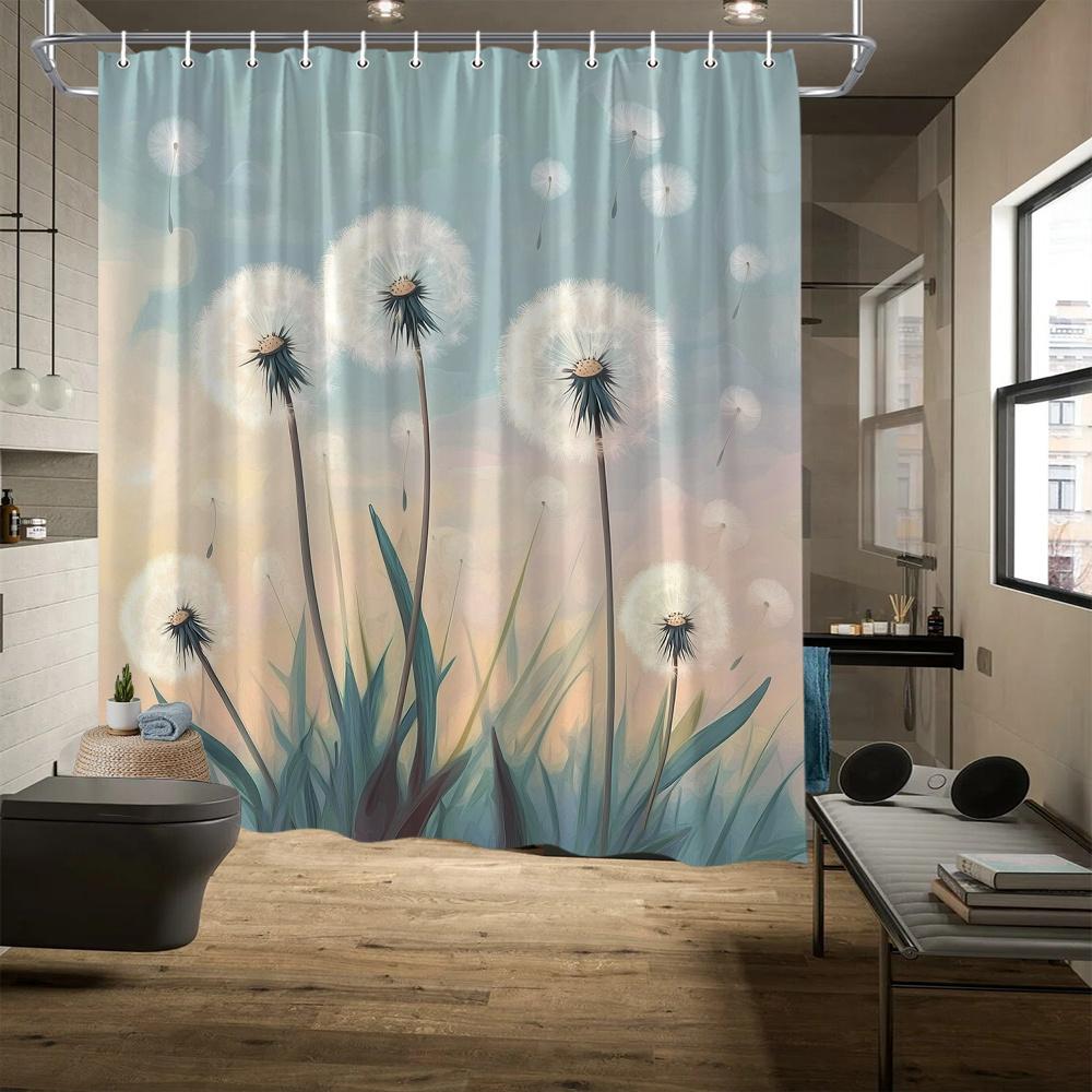 Dandelion Seeds Shower Curtain, Pastel Sky Digital Art, Soft Peach to Blue Gradient, Fade-Resistant, Machine Washable
