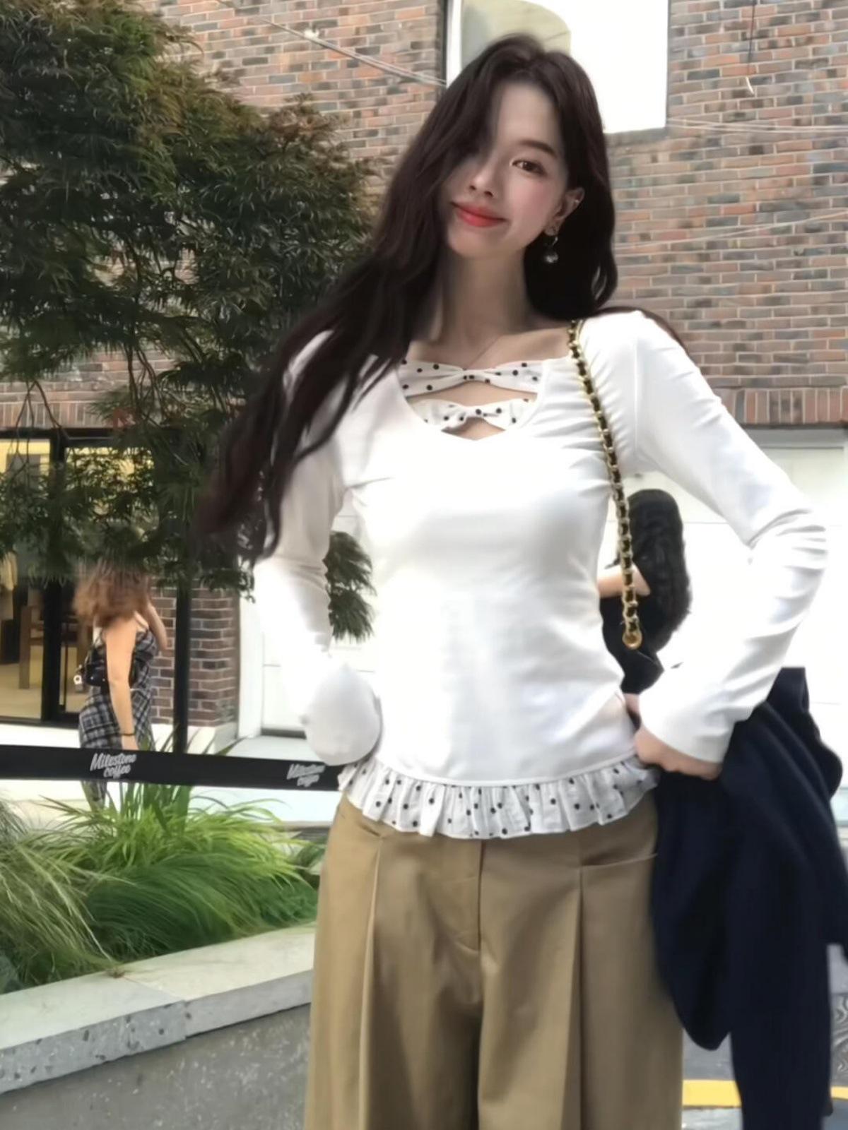 

Trendy Women s Long Sleeve White Two-Piece Layered T-Shirt - Autumn/Winter Street Style S білий