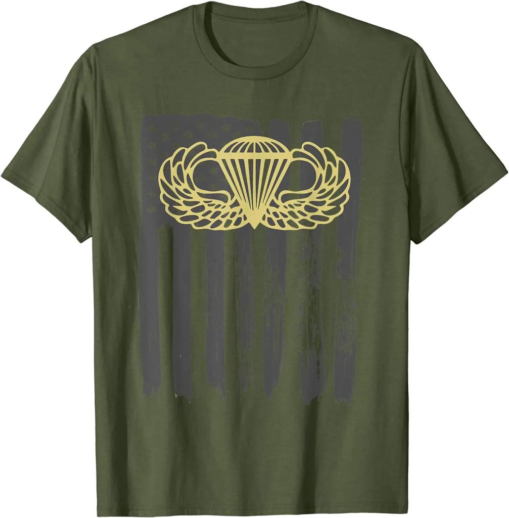 Army Parachute Wings Badge and US Flag Airborne Men TShirt Short Sleeve Casual Cotton ONeck Summer Shirts