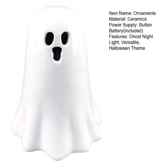 Desktop Atmosphere Light Ceramic Hollow Ghost Night Light, Cute Halloween LED Glow Decorative Window Ornaments Lamp, White Ceramics Figurine