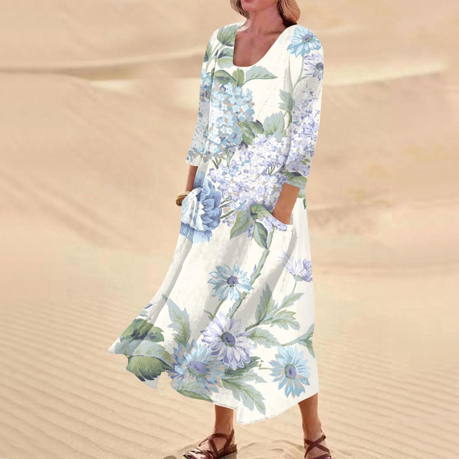 Женское повседневное удобное хлопковое карманное платье с цветочным принтом и рукавами — фото 12