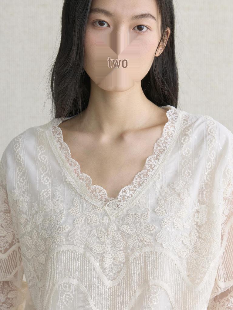 Elegant 3D Embroidered Lace V-Neck Double-Layer See-Through Top for Women