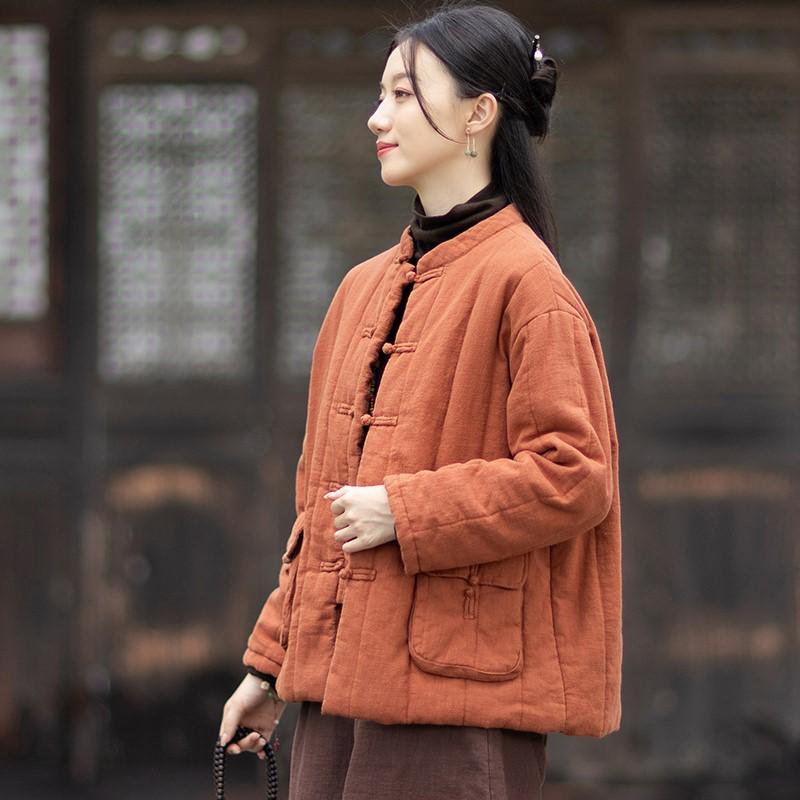 Johnature Women Vintage Warm Stand Long Sleeve Coats Solid Color Button Winter Pockets Coats