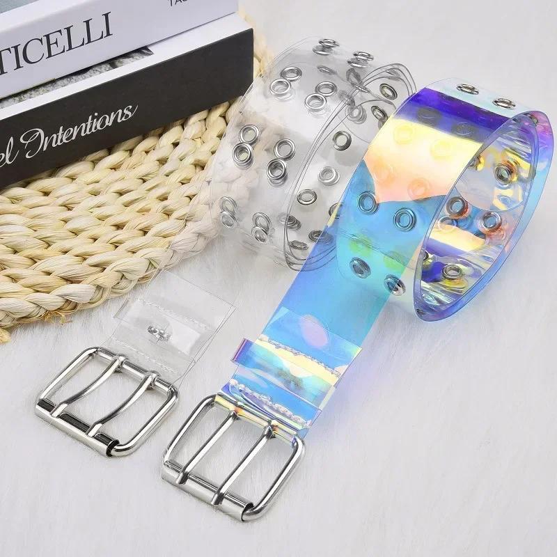 Summer Waistband Transparent Two Row PVC Belt Laser Square Pin Buckle Multi Hole Belts Accessories for Women Creative Gifts