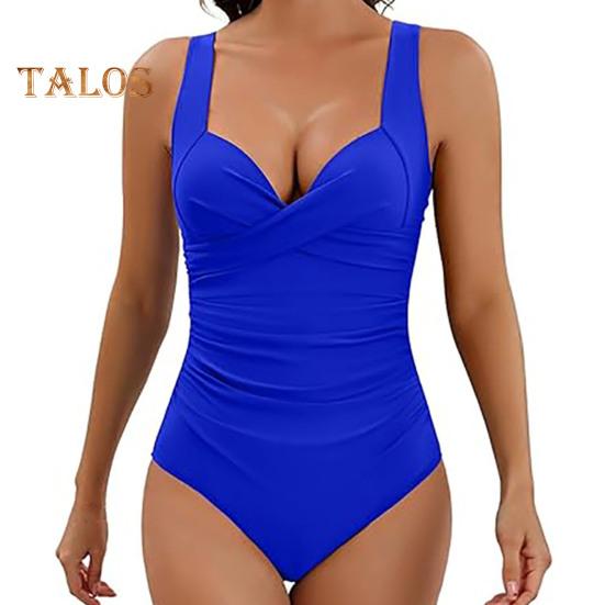 Women Monokini V-Neck Sling Sleeveless One-piece Swimsuit with Adjustable Suspenders Backless High Waist Swimwear